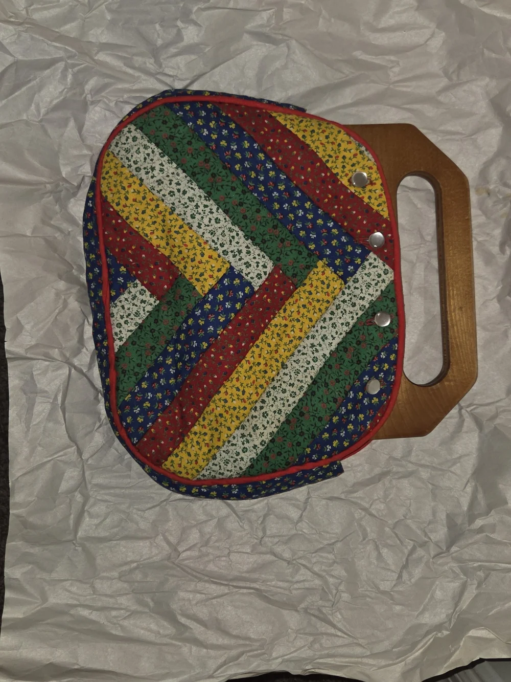 Rare 70s Vintage Multicolor Quilted Clutch with Wooden Handle Removeable Cover